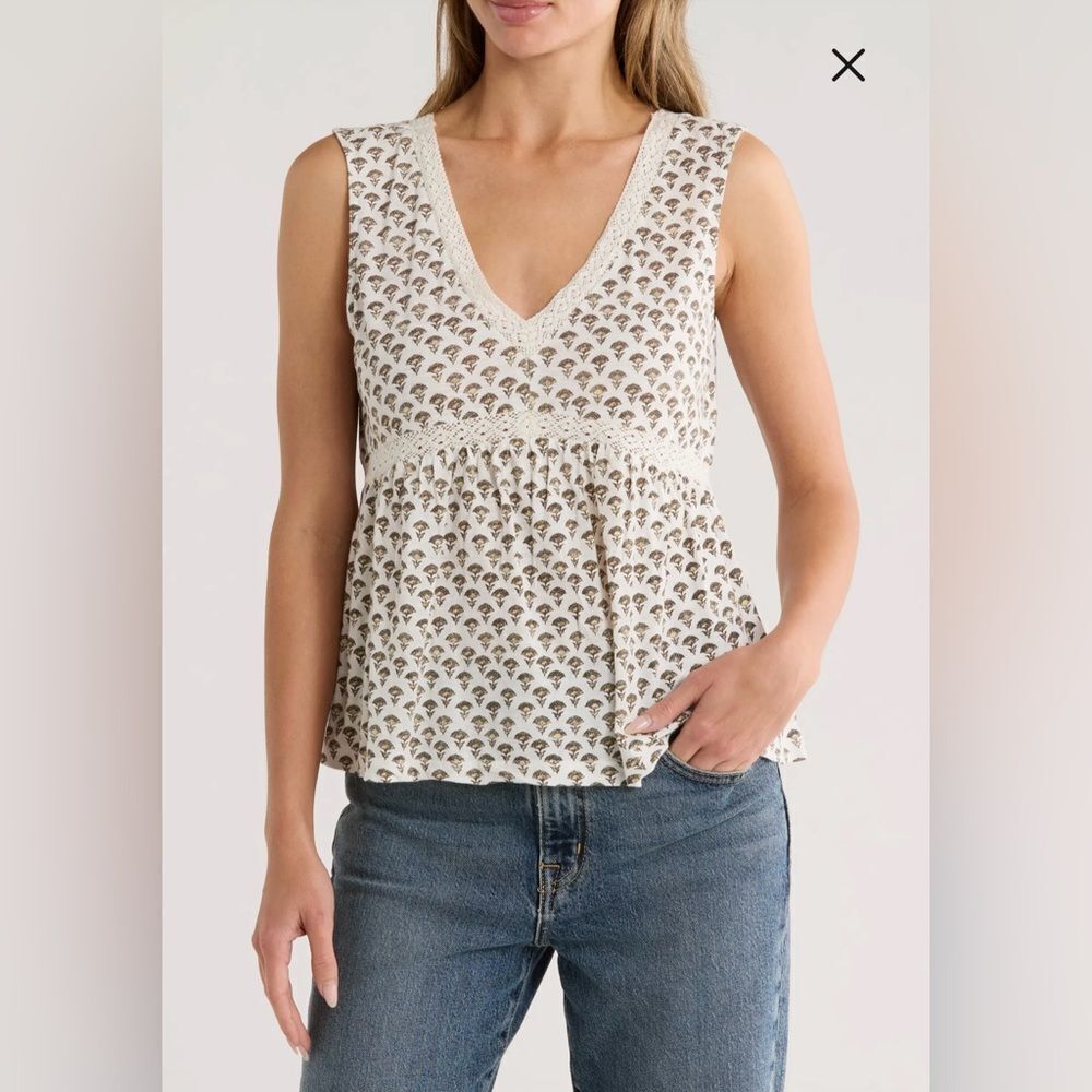 Lucky Brand Cream Patterned V-Neck Tank Top